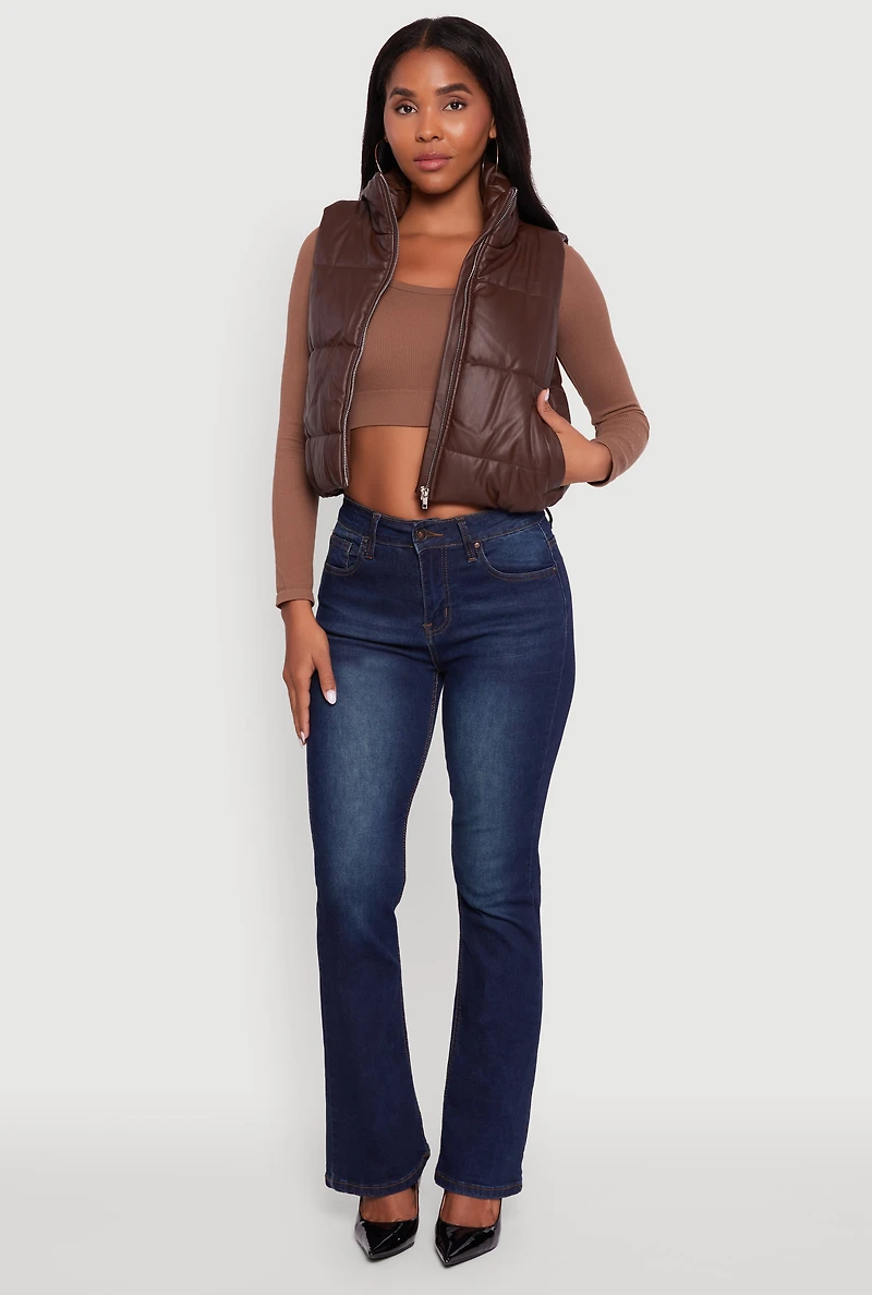 Womens Faux Leather Mock Neck Puffer Vest, Brown,