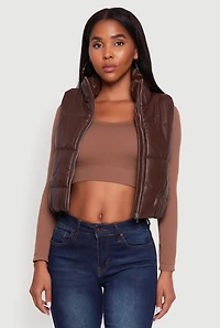 Womens Faux Leather Mock Neck Puffer Vest, Brown,