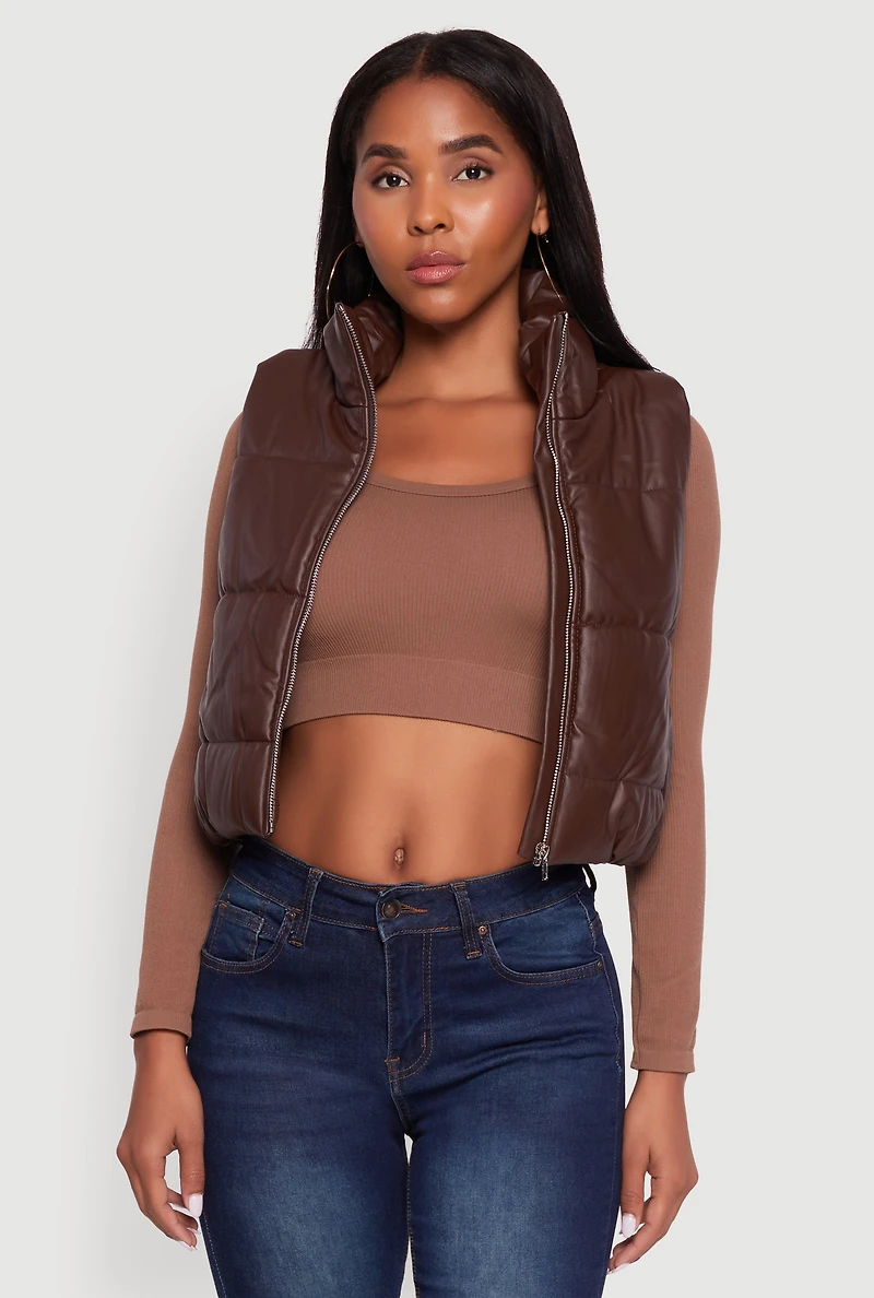 Faux Leather Mock Neck Puffer Vest