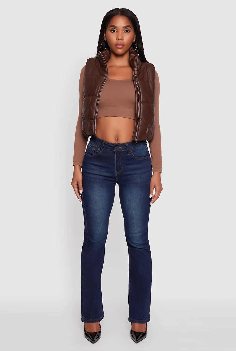 Womens Faux Leather Mock Neck Puffer Vest, Brown,