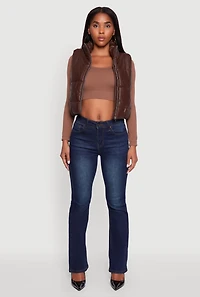 Womens Faux Leather Mock Neck Puffer Vest, Brown,