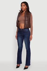 Womens Faux Leather Mock Neck Puffer Vest, Brown,