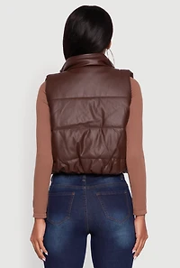 Womens Faux Leather Mock Neck Puffer Vest, Brown,