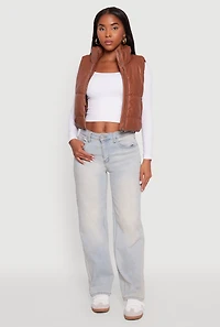 Womens Faux Leather Mock Neck Puffer Vest, Brown, Size S