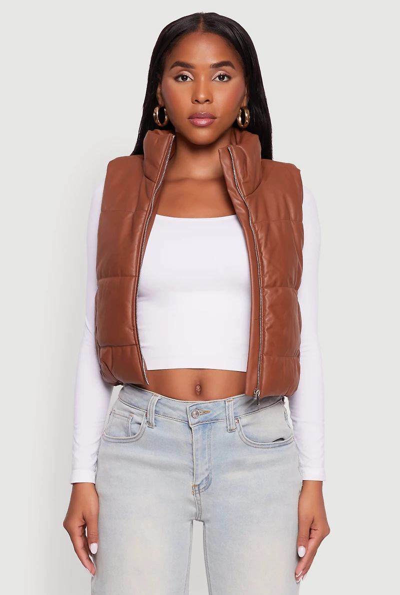 Womens Faux Leather Mock Neck Puffer Vest, Brown, Size S