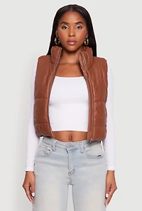 Womens Faux Leather Mock Neck Puffer Vest, Brown, Size S