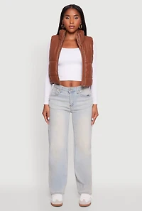 Womens Faux Leather Mock Neck Puffer Vest, Brown, Size S