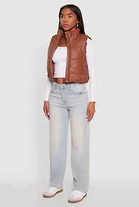Womens Faux Leather Mock Neck Puffer Vest, Brown, Size S