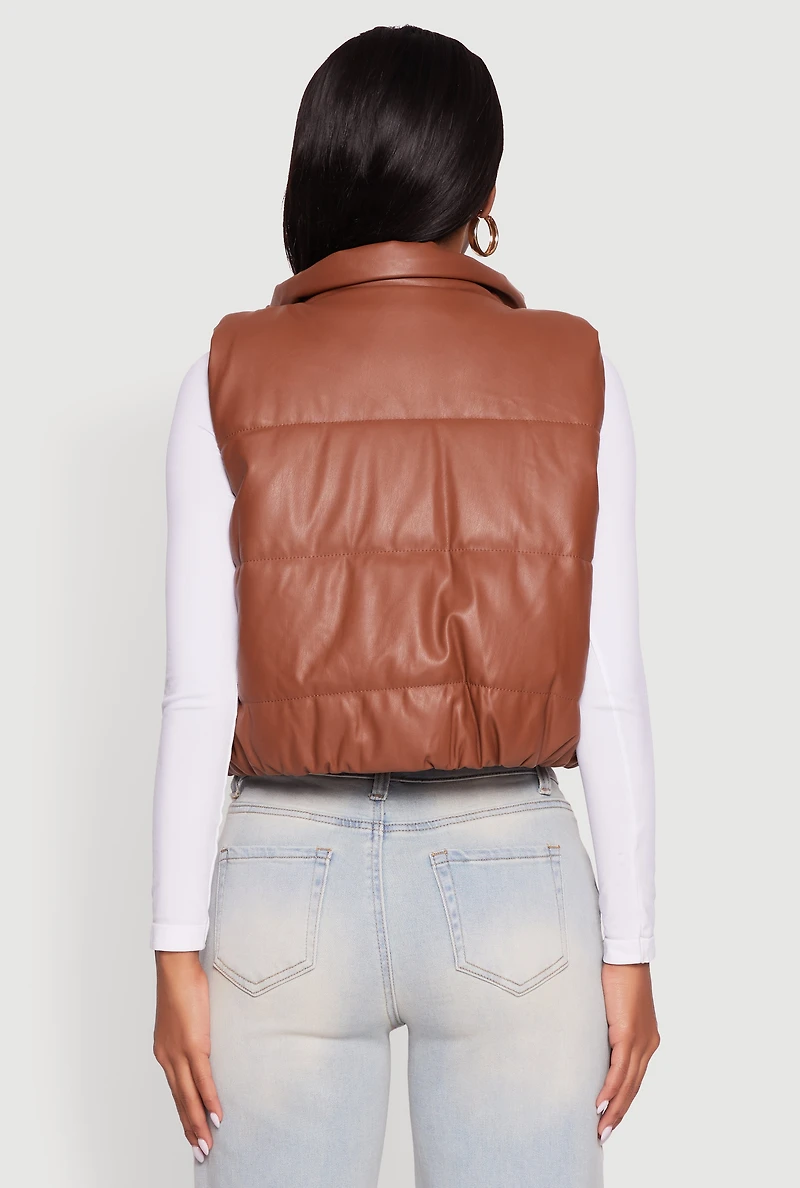 Womens Faux Leather Mock Neck Puffer Vest, Brown,