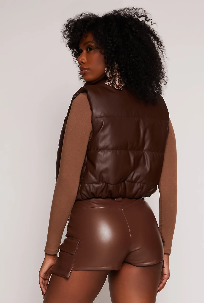 Faux Leather Cropped Puffer Vest