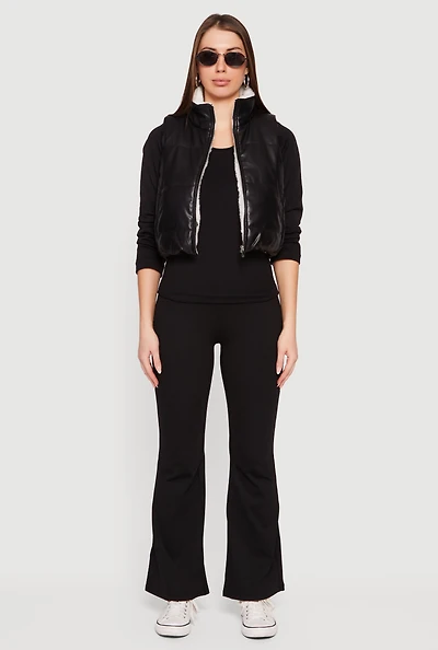 Womens Faux Leather Sherpa Lined Cropped Puffer Vest,