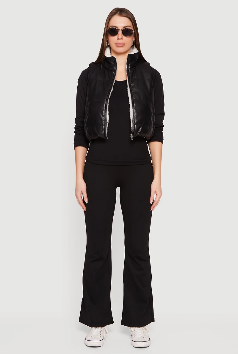 Faux Leather Sherpa Lined Cropped Puffer Vest