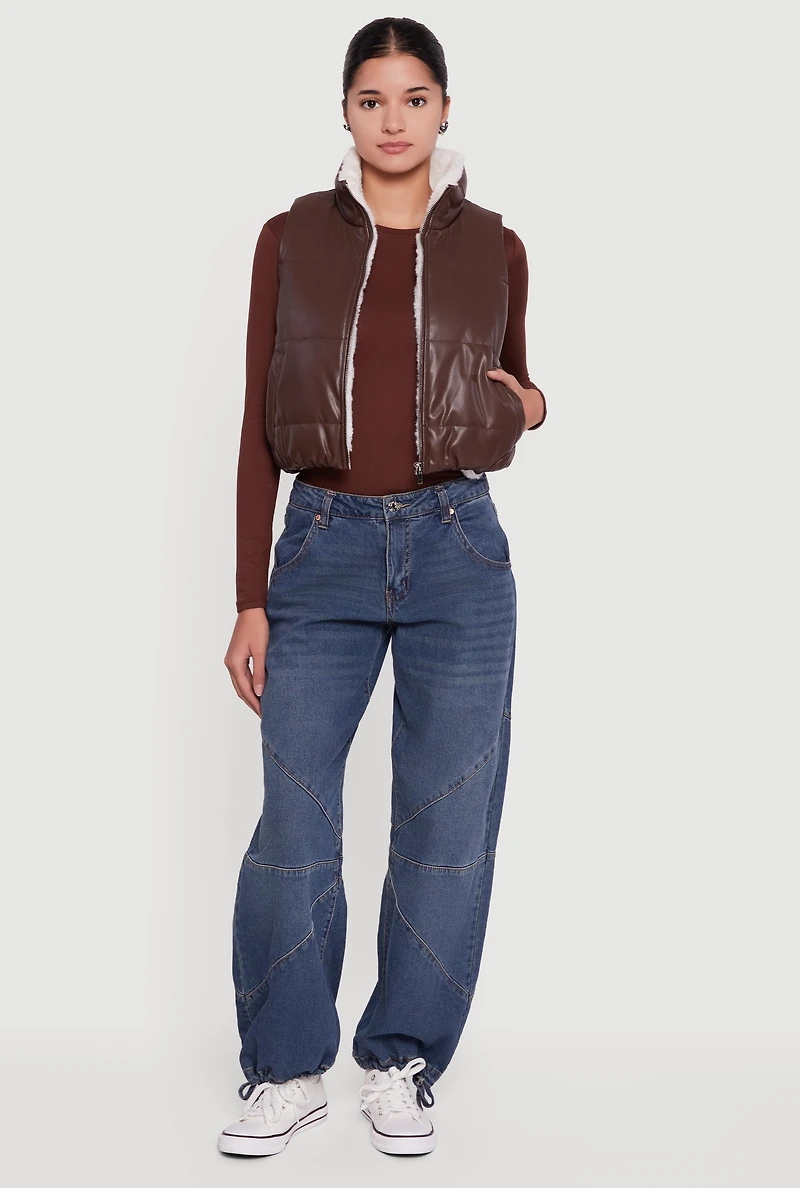 Womens Faux Leather Sherpa Lined Cropped Puffer Vest, Brown,