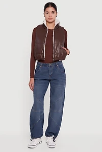 Faux Leather Sherpa Lined Cropped Puffer Vest