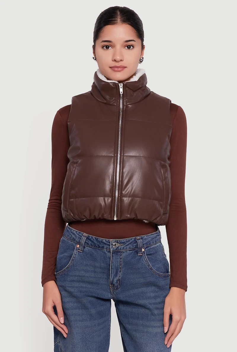 Faux Leather Sherpa Lined Cropped Puffer Vest