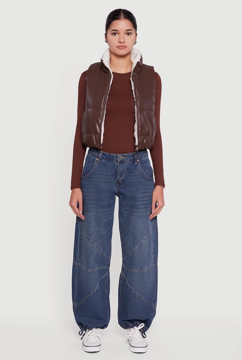 Faux Leather Sherpa Lined Cropped Puffer Vest