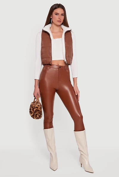 Womens Faux Leather Sherpa Lined Cropped Puffer Vest, Brown,