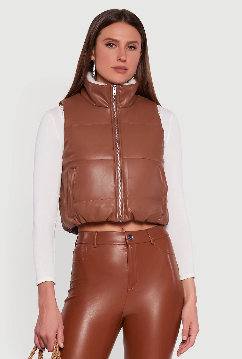Womens Faux Leather Sherpa Lined Cropped Puffer Vest, Brown,