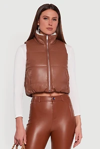 Womens Faux Leather Sherpa Lined Cropped Puffer Vest, Brown,