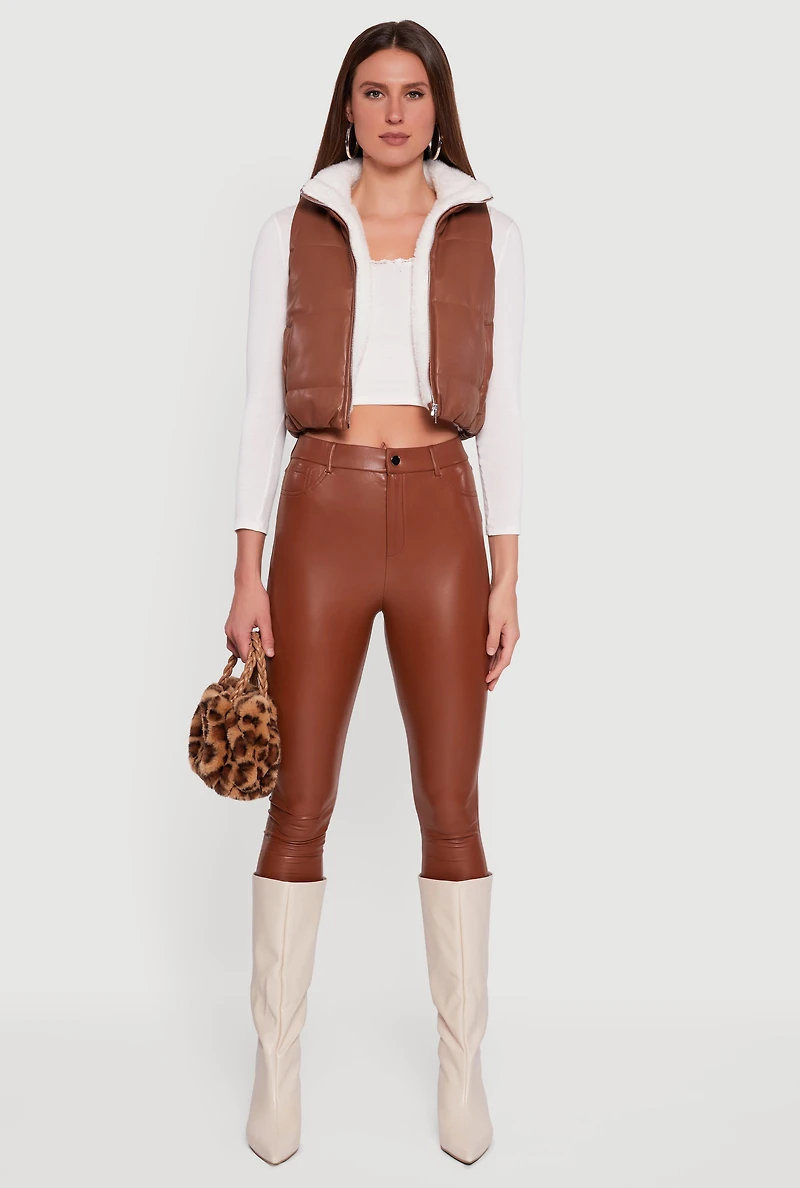 Womens Faux Leather Sherpa Lined Cropped Puffer Vest, Brown,