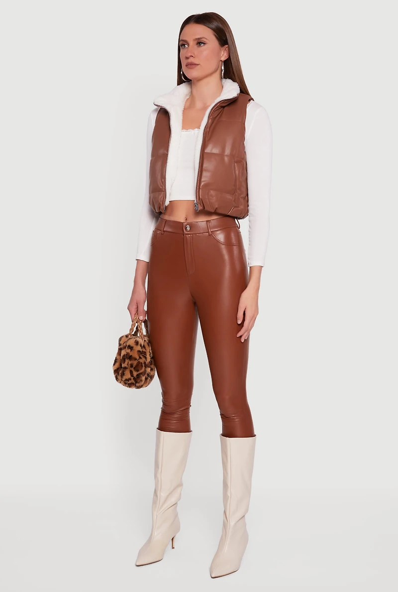 Womens Faux Leather Sherpa Lined Cropped Puffer Vest, Brown,