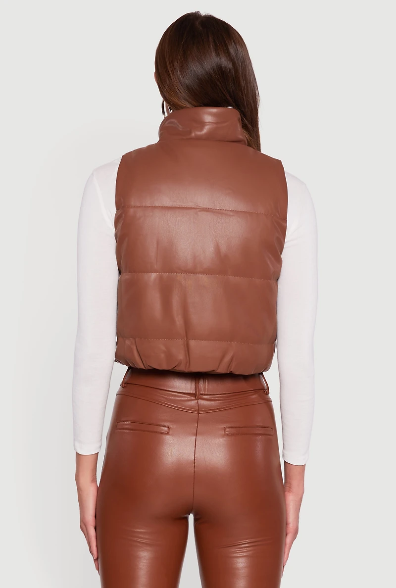 Womens Faux Leather Sherpa Lined Cropped Puffer Vest, Brown,