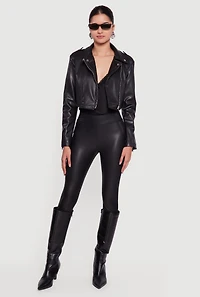 Faux Leather Cropped Zip Front Moto Jacket
