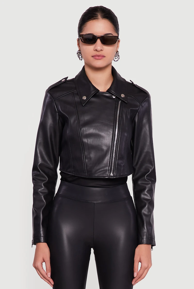 Womens Faux Leather Cropped Zip Front Moto Jacket, Black, Size L