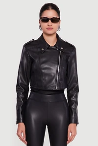 Faux Leather Cropped Zip Front Moto Jacket