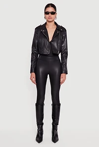 Faux Leather Cropped Zip Front Moto Jacket