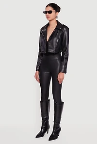 Womens Faux Leather Cropped Zip Front Moto Jacket, Black, Size L