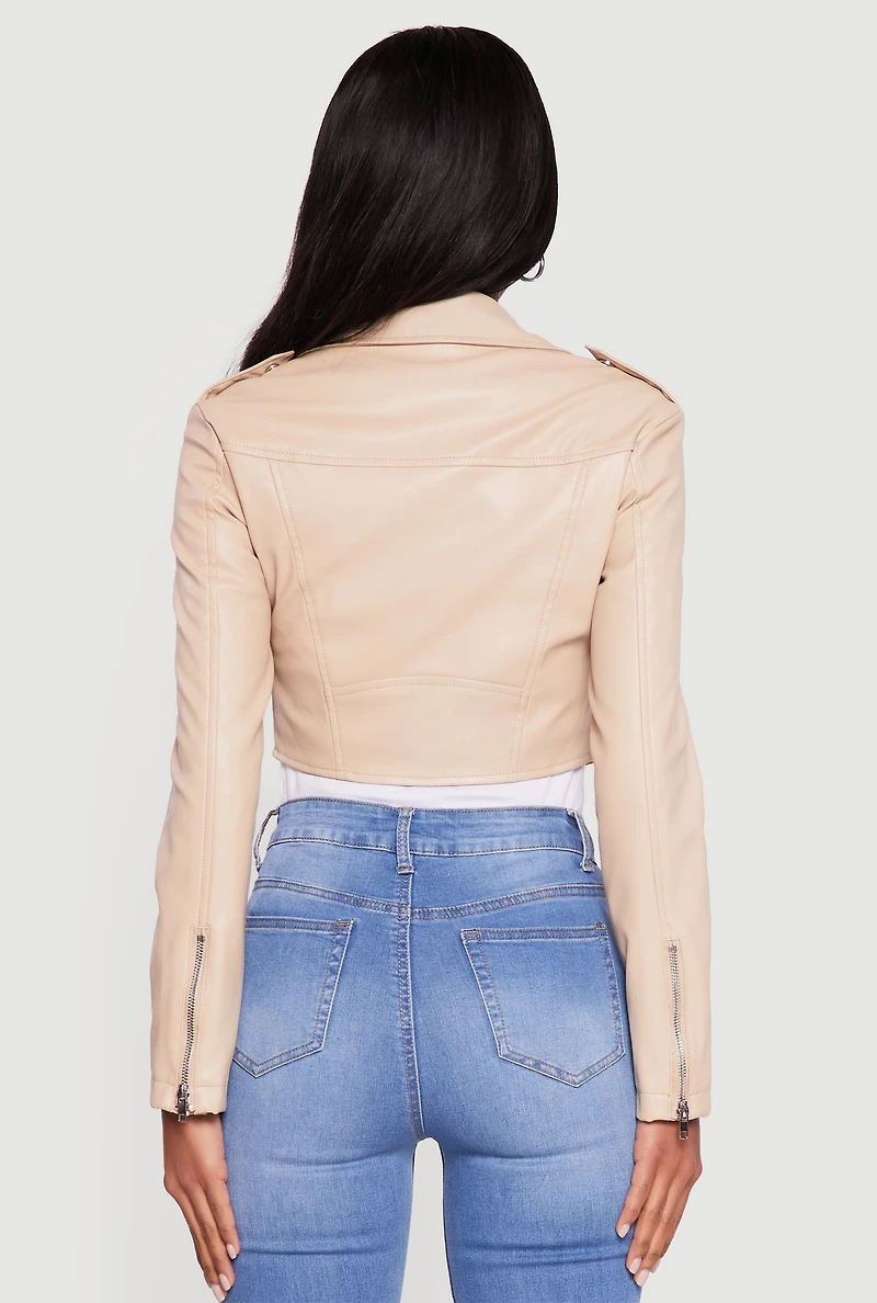 Faux Leather Cropped Zip Front Moto Jacket