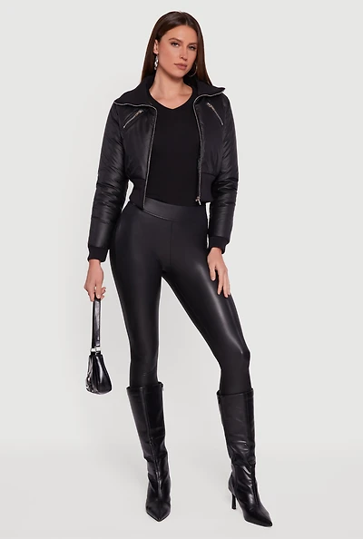 Womens Faux Leather Insulated Cropped Bomber Jacket, Black, Size L