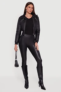 Womens Faux Leather Insulated Cropped Bomber Jacket, Black, Size L