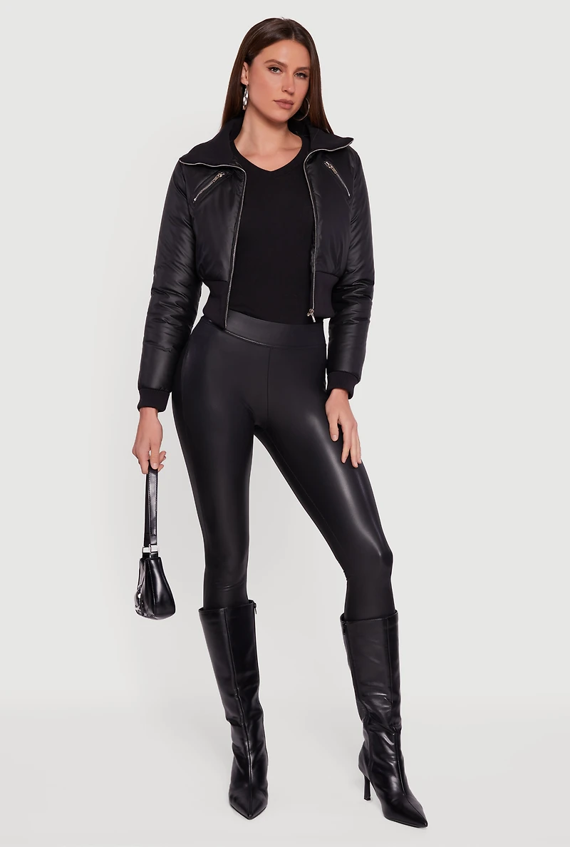 Faux Leather Insulated Cropped Bomber Jacket