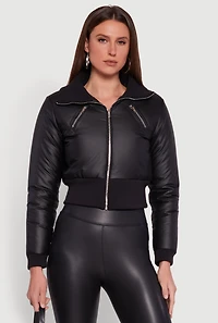 Womens Faux Leather Insulated Cropped Bomber Jacket, Black, Size L