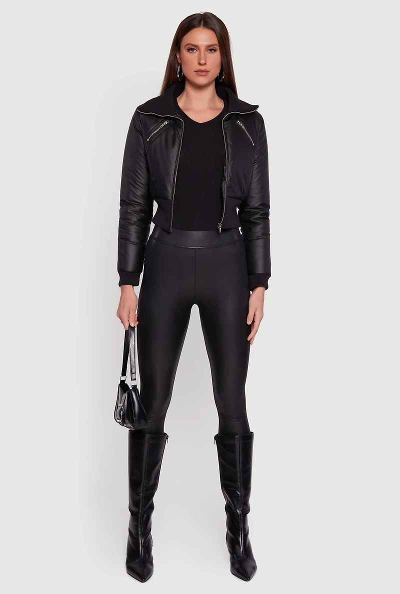 Womens Faux Leather Insulated Cropped Bomber Jacket, Black, Size L