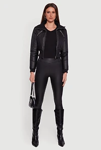 Womens Faux Leather Insulated Cropped Bomber Jacket, Black, Size L