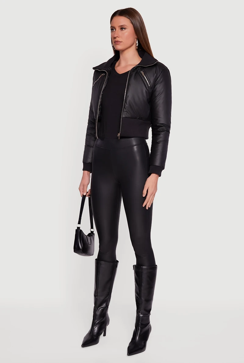 Womens Faux Leather Insulated Cropped Bomber Jacket, Black, Size L