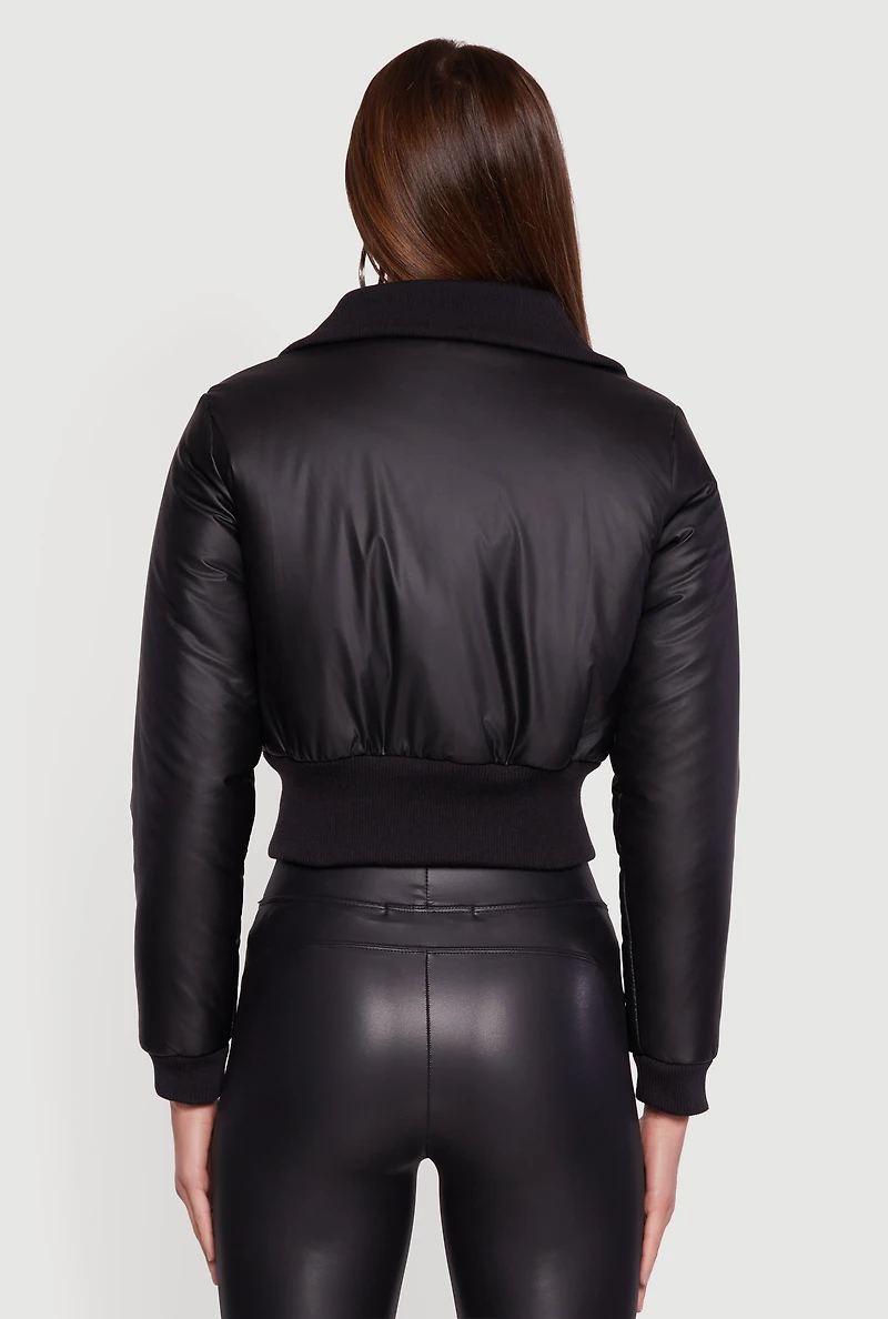 Faux Leather Insulated Cropped Bomber Jacket
