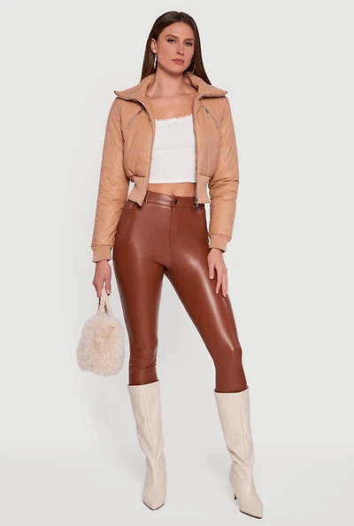 Womens Faux Leather Insulated Cropped Bomber Jacket, Beige, Size L