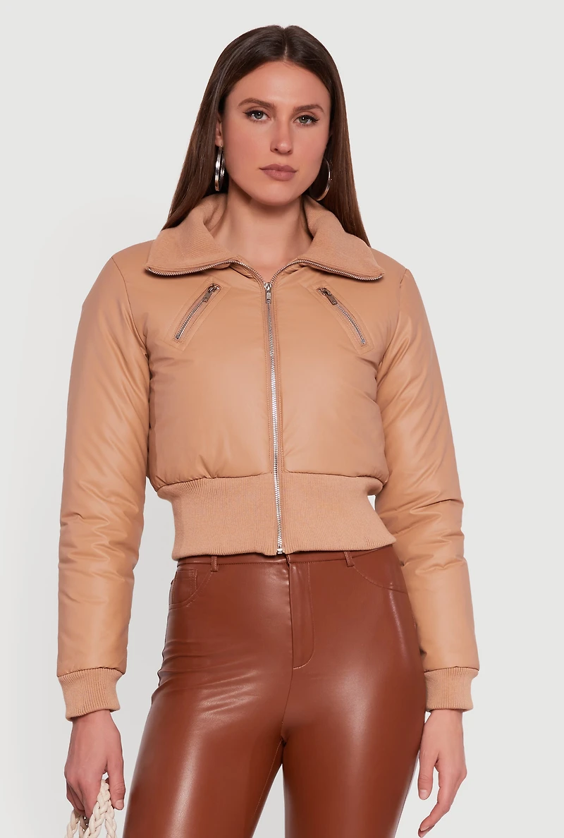 Womens Faux Leather Insulated Cropped Bomber Jacket, Beige, Size L