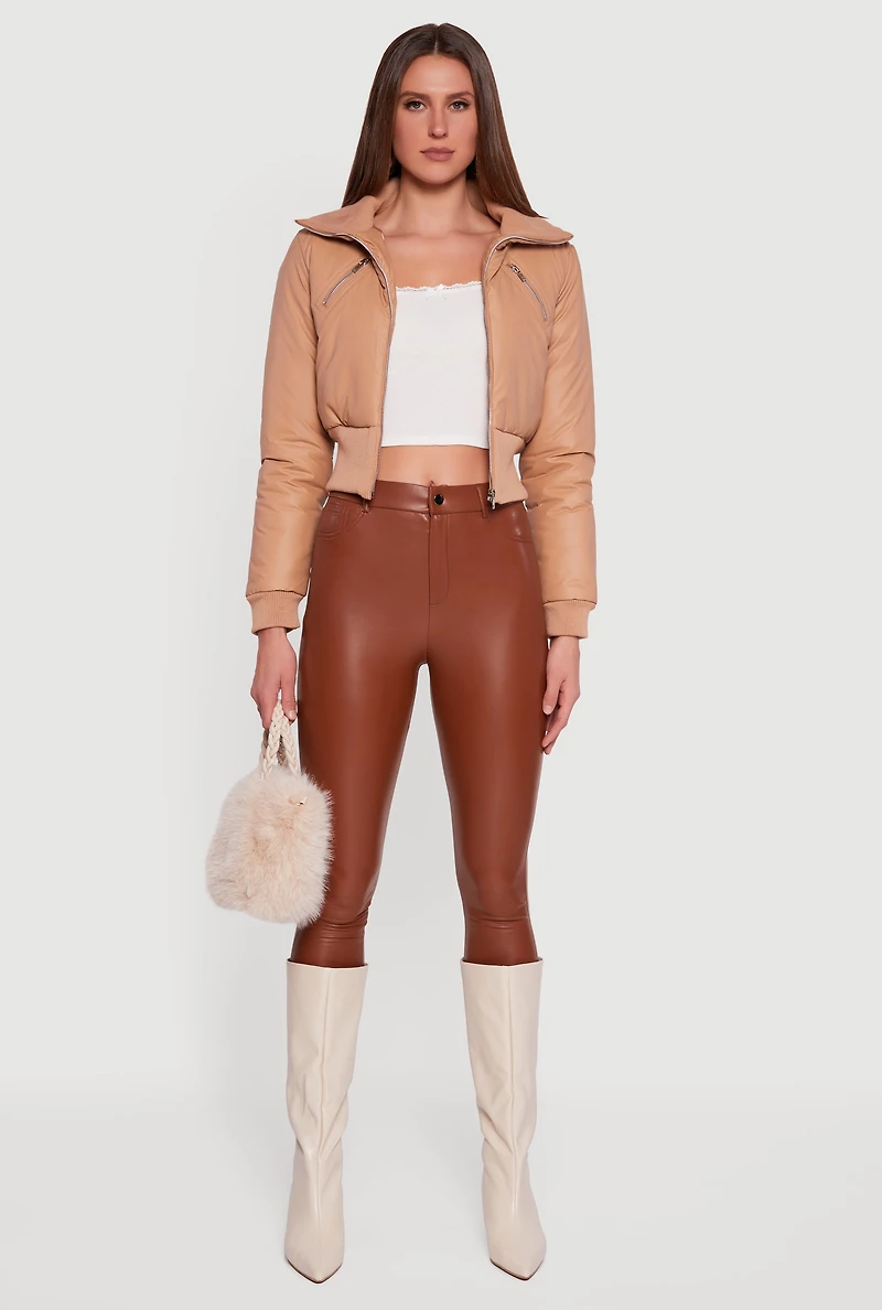 Womens Faux Leather Insulated Cropped Bomber Jacket,