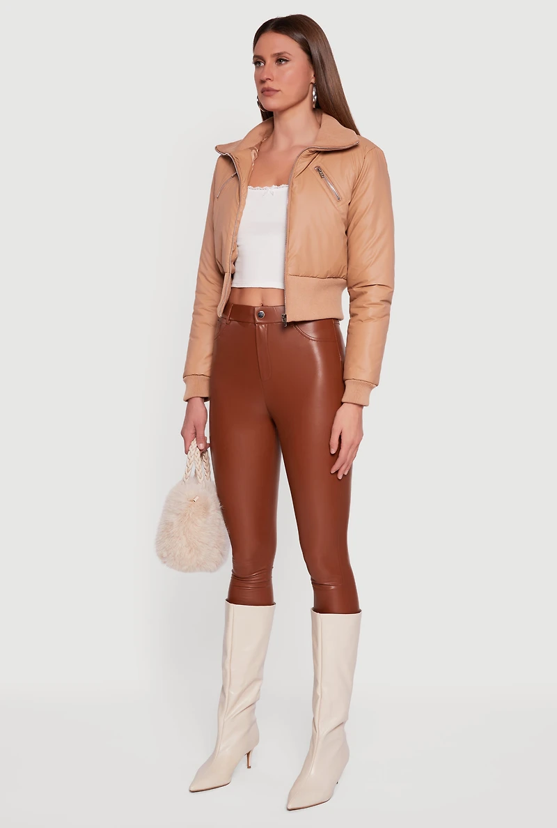 Womens Faux Leather Insulated Cropped Bomber Jacket,