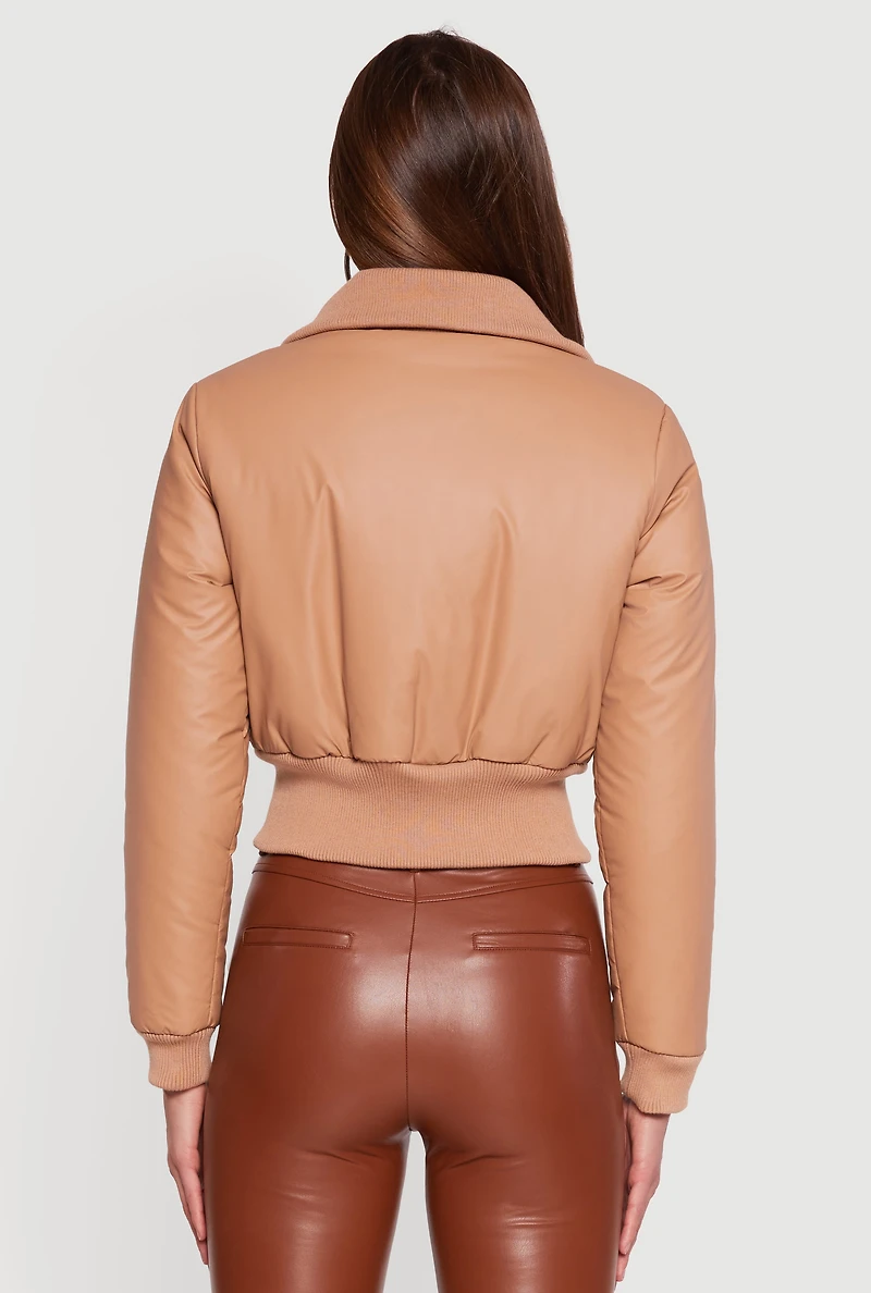 Womens Faux Leather Insulated Cropped Bomber Jacket,