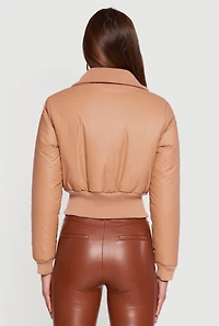 Womens Faux Leather Insulated Cropped Bomber Jacket,