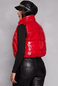 Faux Patent Leather Zip Front Puffer Vest