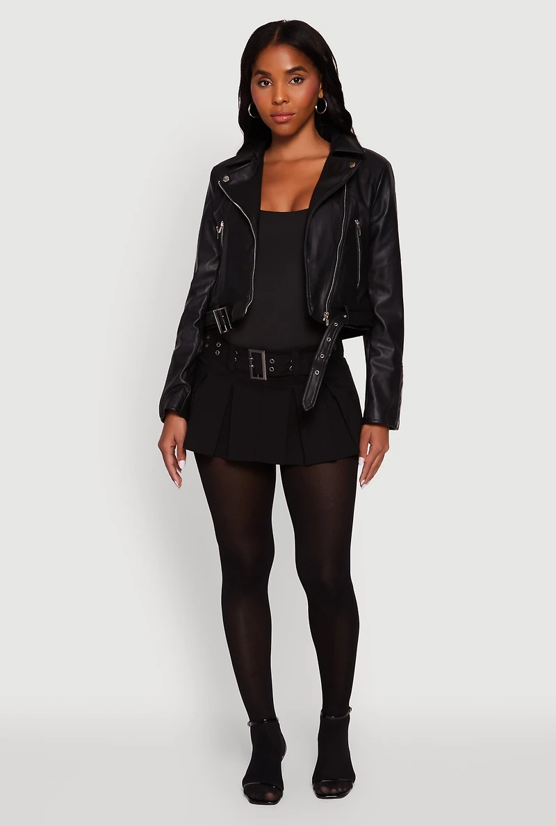 Womens Cropped Faux Leather Belted Front Moto Jacket,