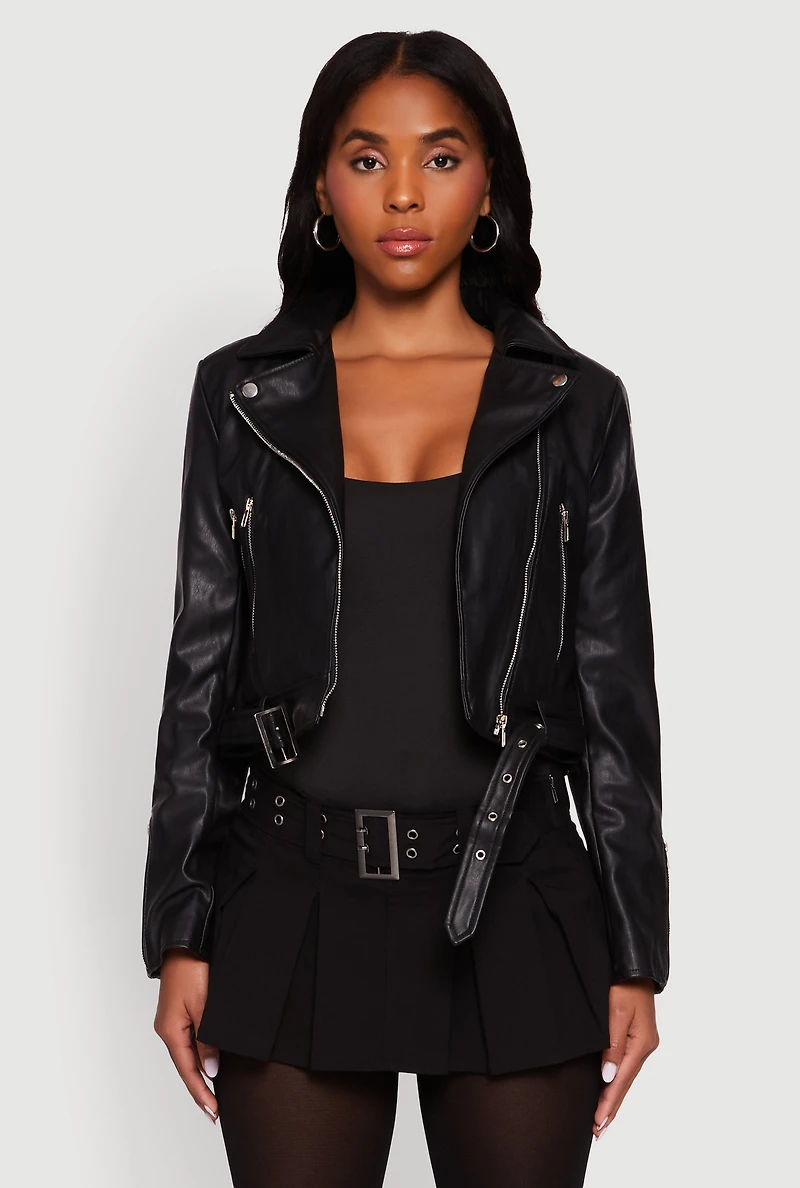 Womens Cropped Faux Leather Belted Front Moto Jacket,