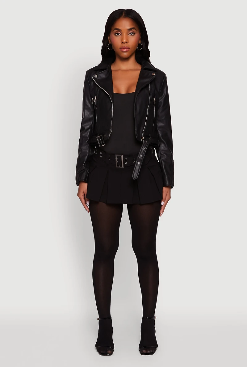 Womens Cropped Faux Leather Belted Front Moto Jacket,